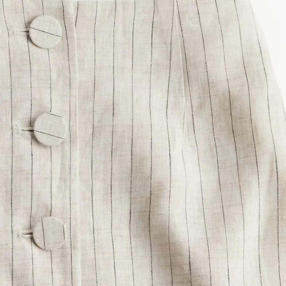 NWT H&M BUTTON-FRONT LINEN SKIRT Light beige/Pinstriped Size 10